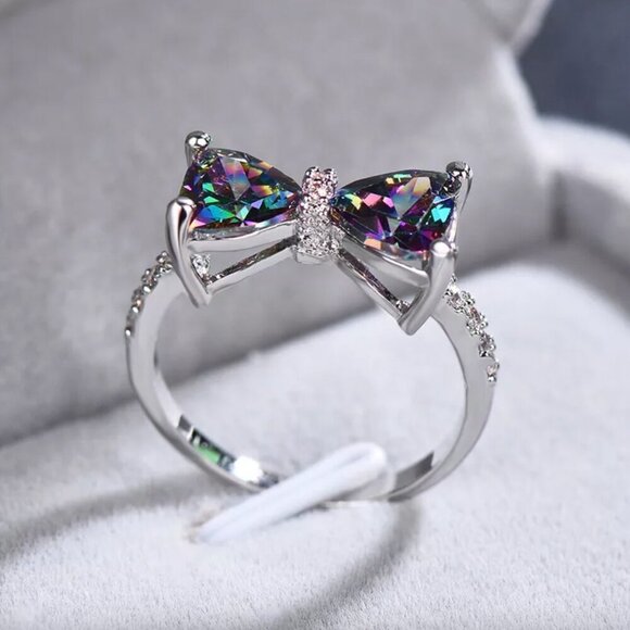 NEW 925 Sterling Silver Mystic Topaz Diamond Ring Bow Ring - Picture 3 of 5